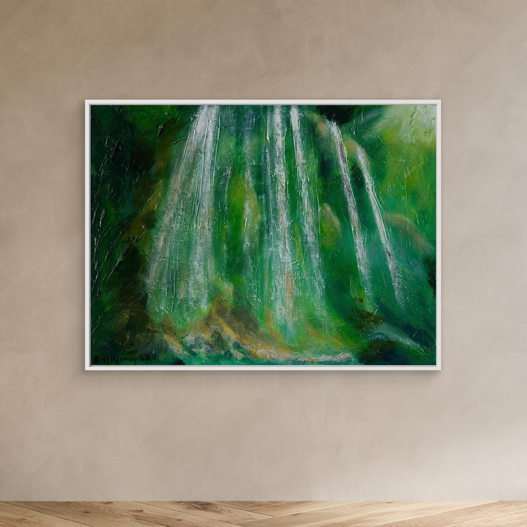 Whispering Falls canvas print showing flowing water texture and emerald green colors.